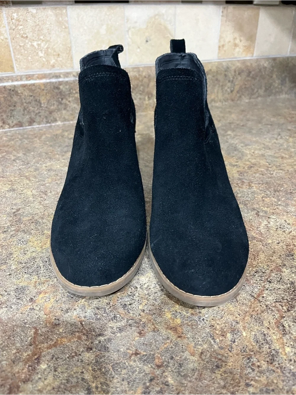 TOMS Black Suede Wedge Ankle Booties Cutout Stacked Heel Sz 8.5 Fall Winter
